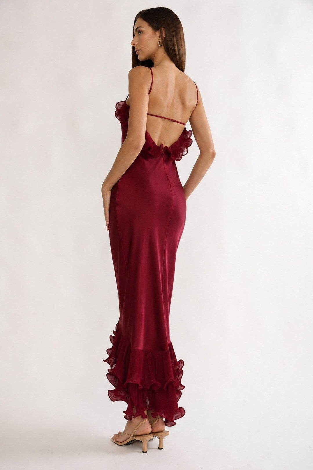 Wine Asymmetrical Off Shoulder Ruffle Satin Midi Dress - STYLED BY ALX COUTUREDresses