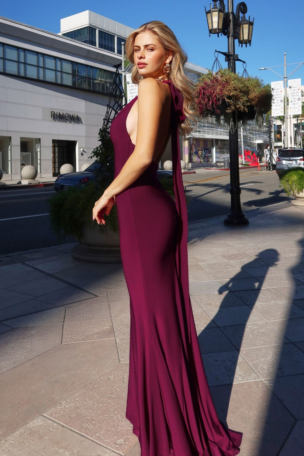 Wine Celine Deep V Halter Open Back Gown - STYLED BY ALX COUTUREDresses