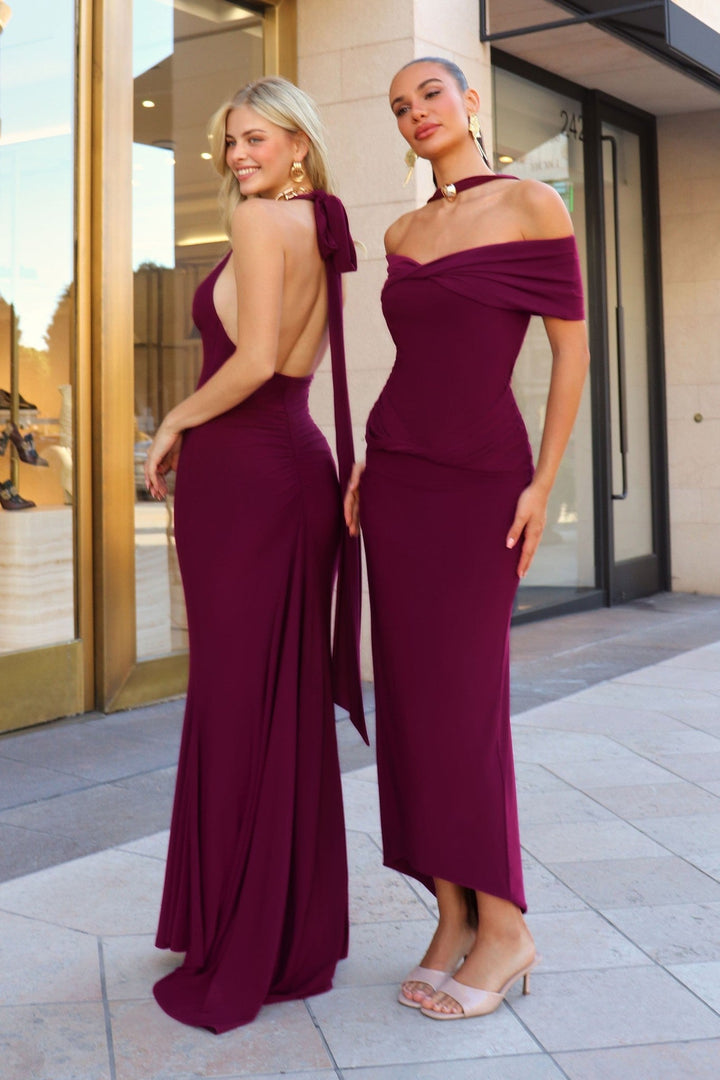 Wine Celine Deep V Halter Open Back Gown - STYLED BY ALX COUTUREDresses