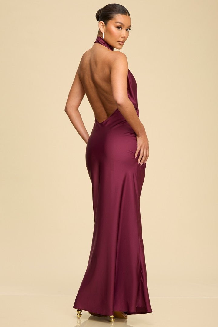 Wine Cowl Front Open Back Formal Dress - STYLED BY ALX COUTUREDresses