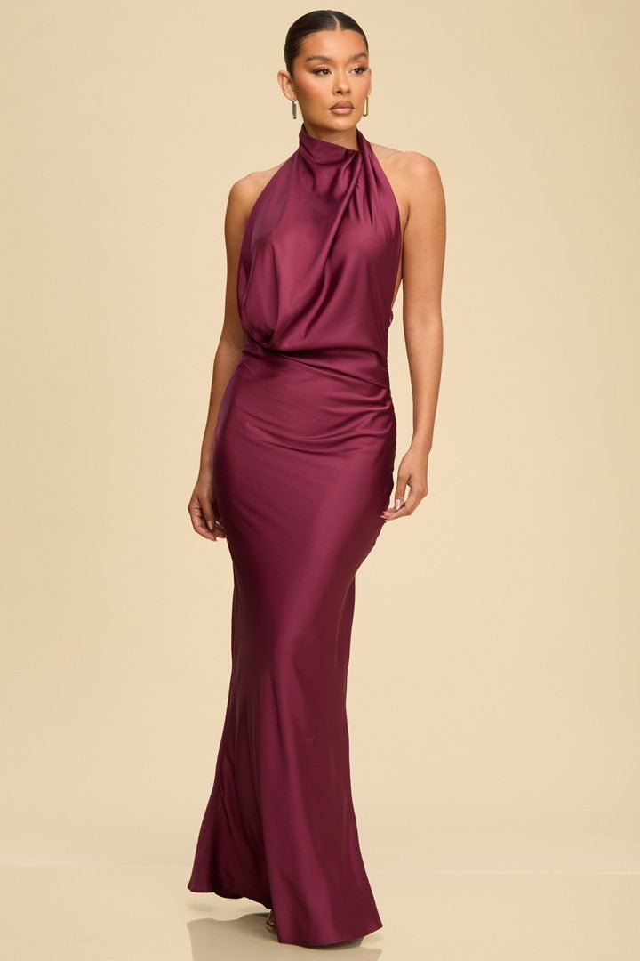 Wine Cowl Front Open Back Formal Dress STYLED BY ALX COUTURE Wine Cowl Front Open Back Formal Dress STYLED BY ALX COUTURE