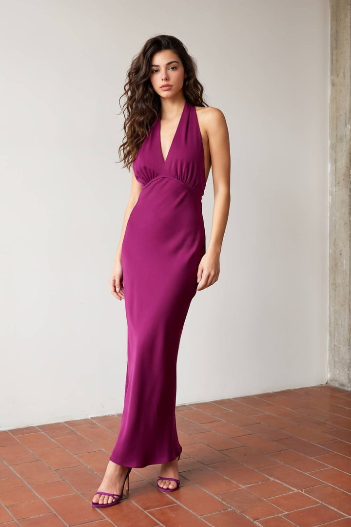 Wine Halter Tie Maxi Dress - STYLED BY ALX COUTUREDresses