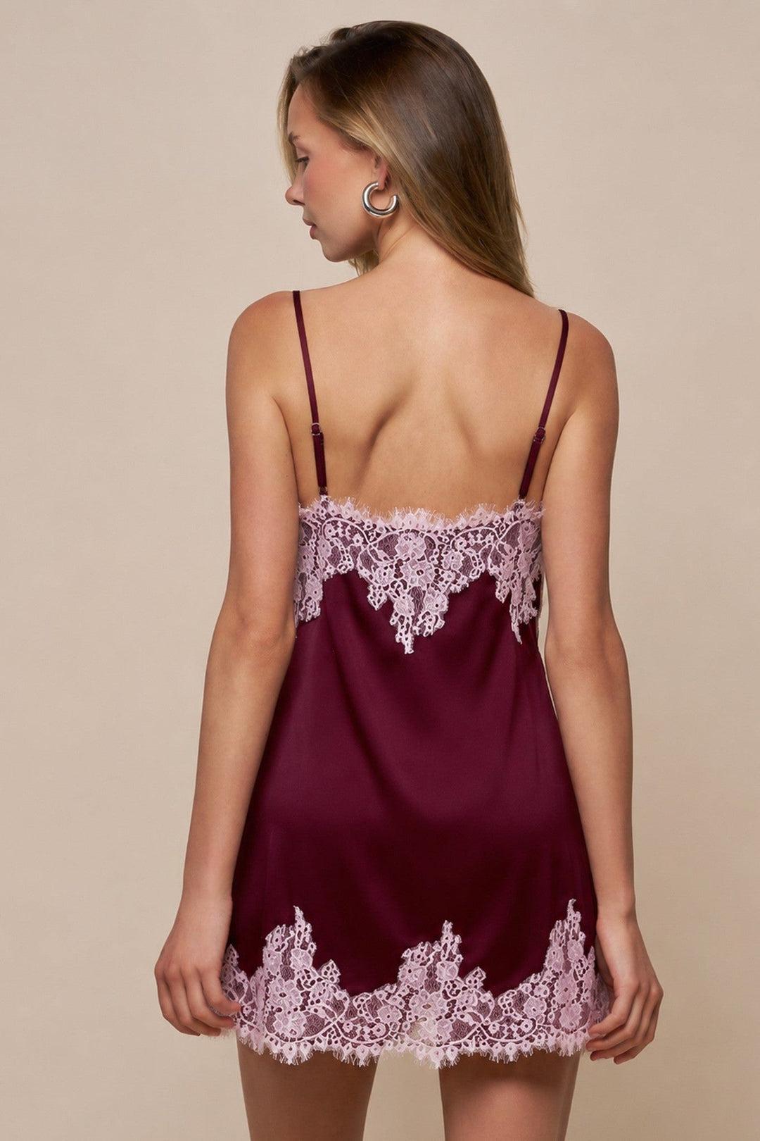 Wine Pink Lace-Trim Satin Mini Dress - STYLED BY ALX COUTUREDresses