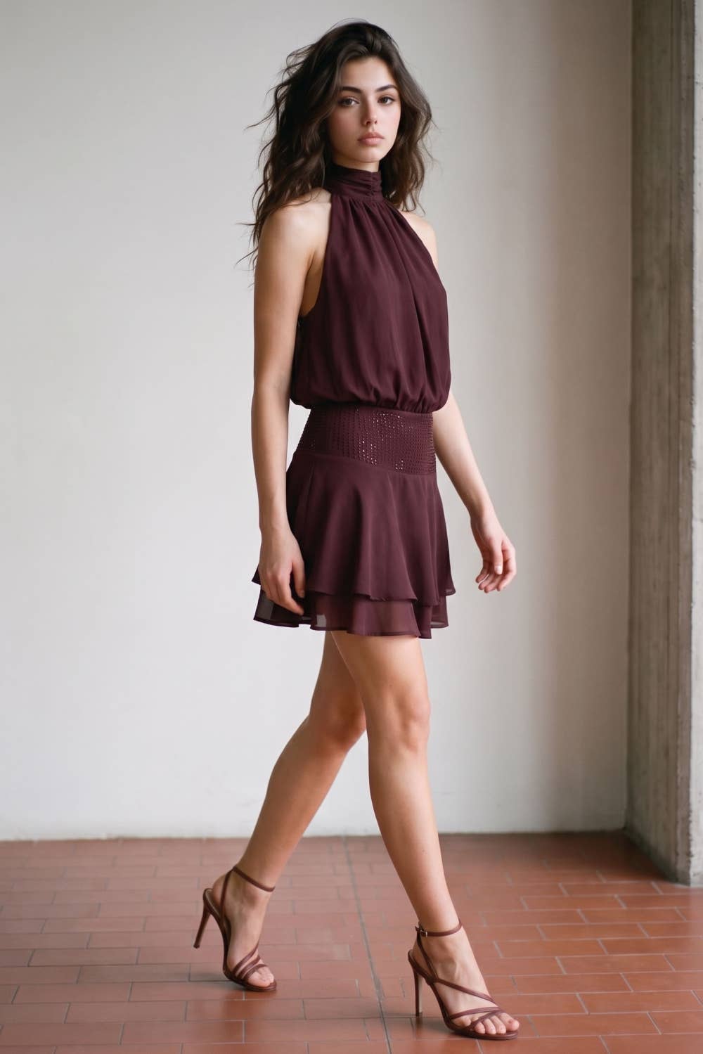 Wine Rhinestone Halter Mini Dress - STYLED BY ALX COUTUREDresses