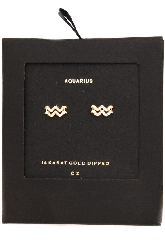 GOLD AQUARIUS EARRINGS WITH DIAMONDS. ZODIAC AQUARIUS EARRINGS