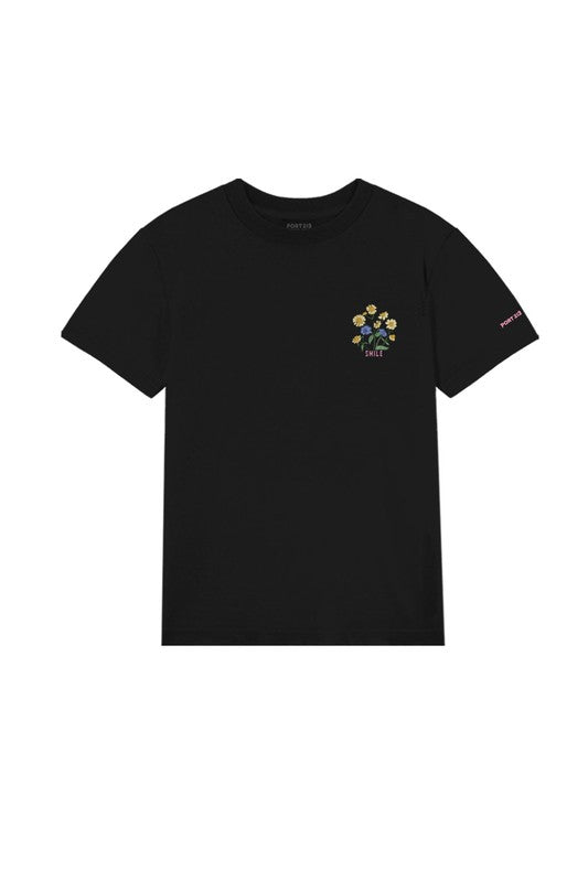 Short sleeve garment-washed cotton jersey t-shirt in black. Graphic and logo printed in multi-color and white at front, back and sleeve.