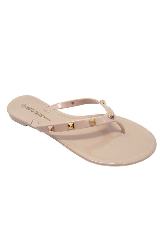 nude Gold Studded Thong Jelly Flip Flops