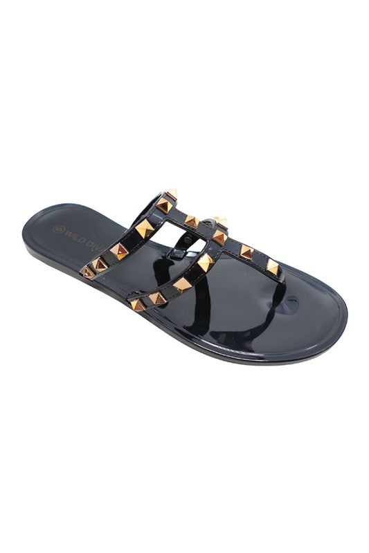 Black gold studded slide thong sandals