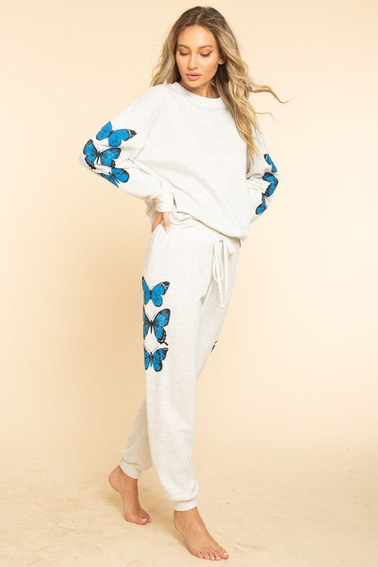 STYLED BY ALX COUTURE MIAMI BOUTIQUE WOMENS TOP WHITE Off White Butterfly Printed Sweatshirt