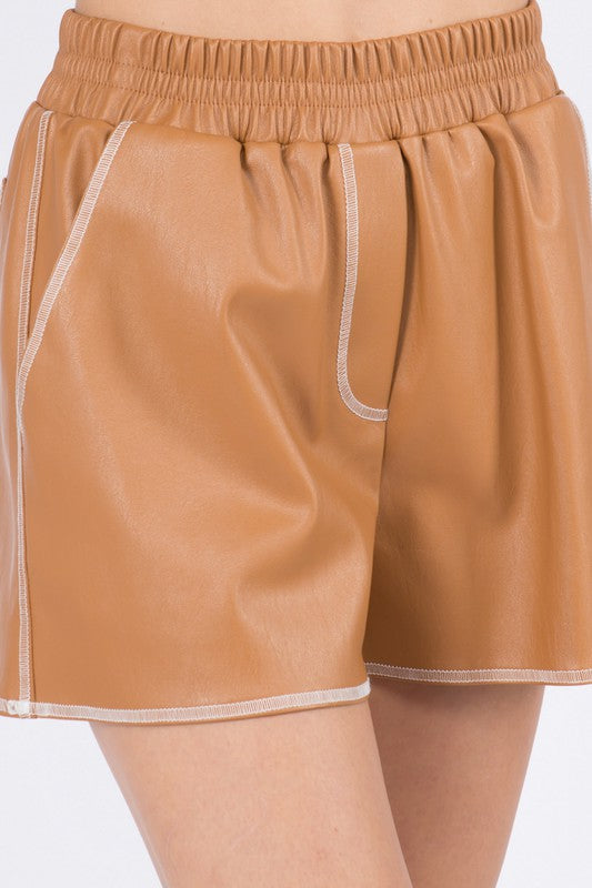 Camel Contrast Stitch Detail Leather Shorts 