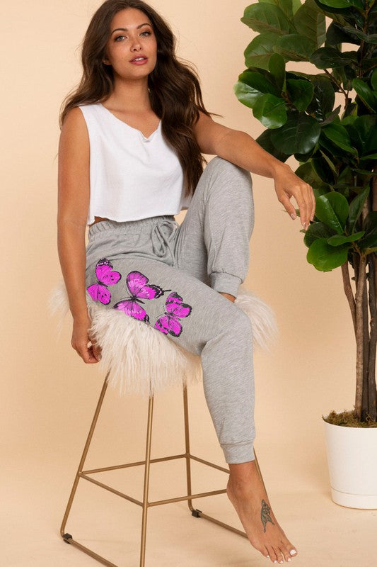 STYLED BY ALX COUTURE MIAMI BOUTIQUE Heather Grey Pink Butterfly Sweatpants