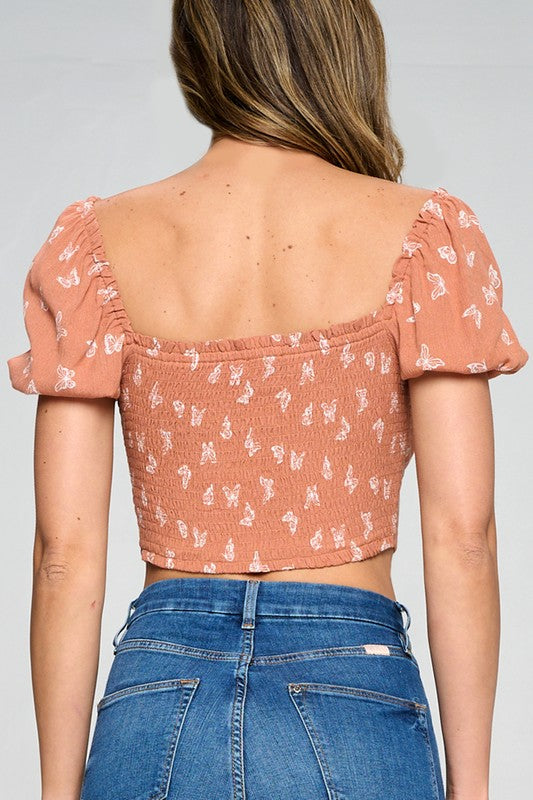 Rust Butterfly Puff Sleeve Top