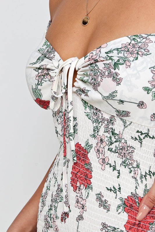 Ivory Floral Print Off the Shoulder Smocked Mini Dress