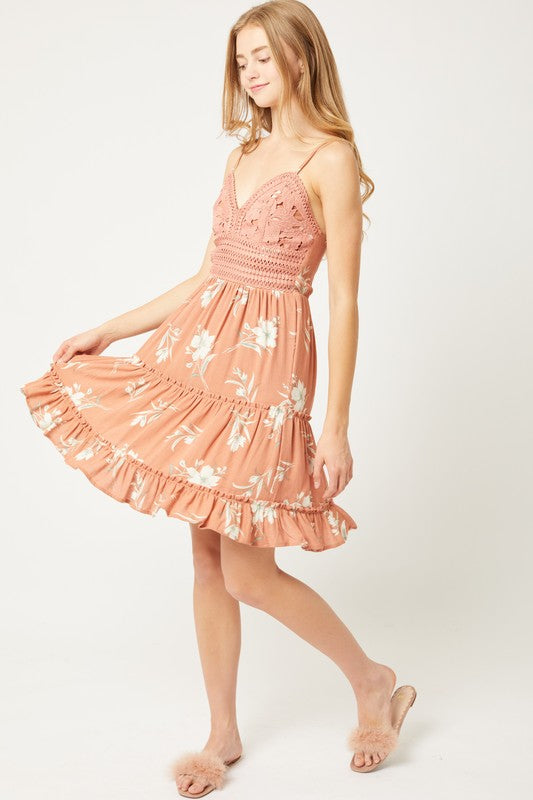 Peach Floral Lace Flowy Dress