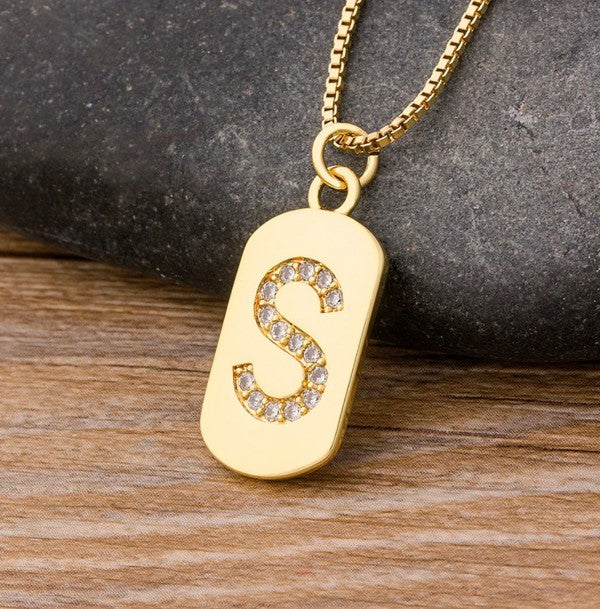 CZ Trendy Letter Necklace  0.8" Pendant Size  14K GOLD PLATED COPPER