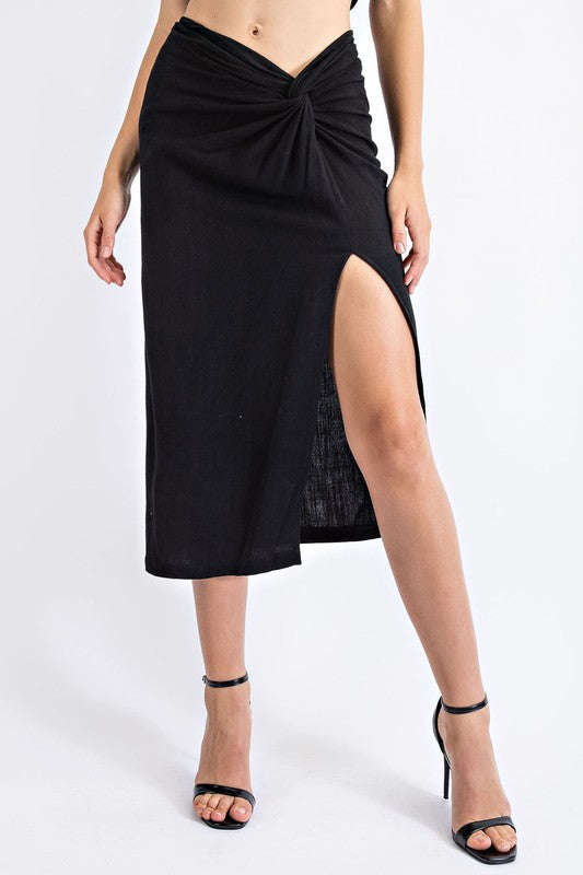 STYLED BY ALX COUTURE MIAMI BOUTIQUE WOMENS Black Twist Front Linen Midi Skirt