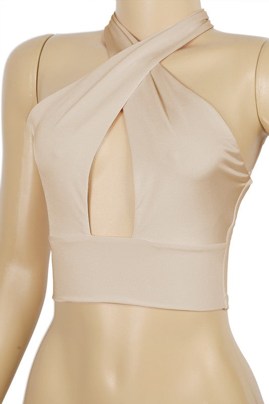 Taupe Cut Out Neck Tie Crop Top