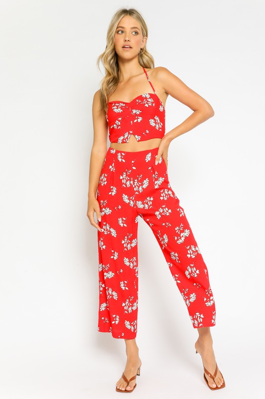 Red Floral halter crop top and matching pants
