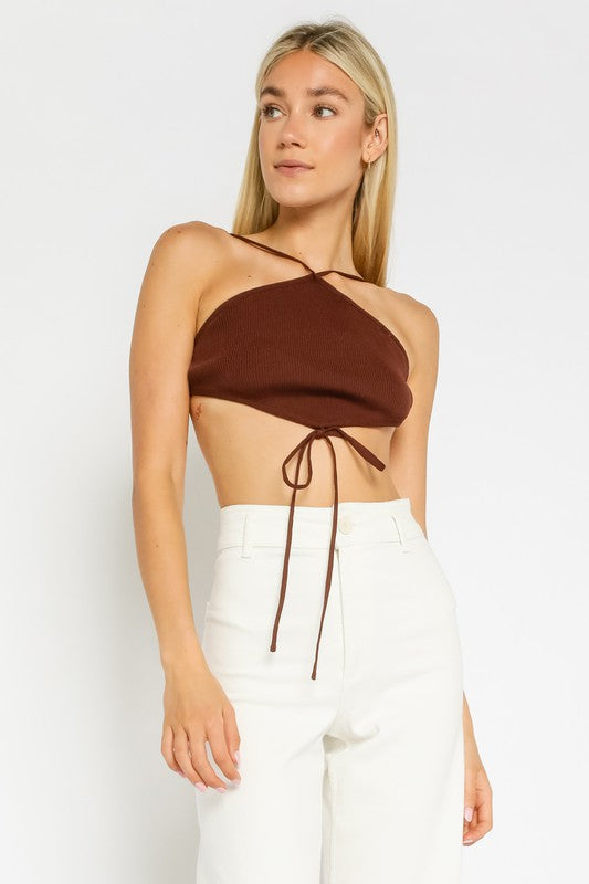 Brown Halter Strappy Cropped Top