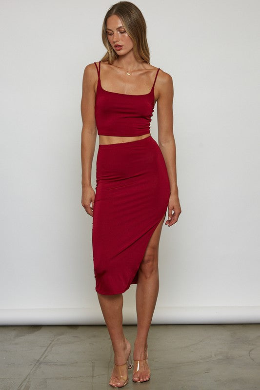 Burgundy Asymmetric Cami Top Mini Skirt Set  