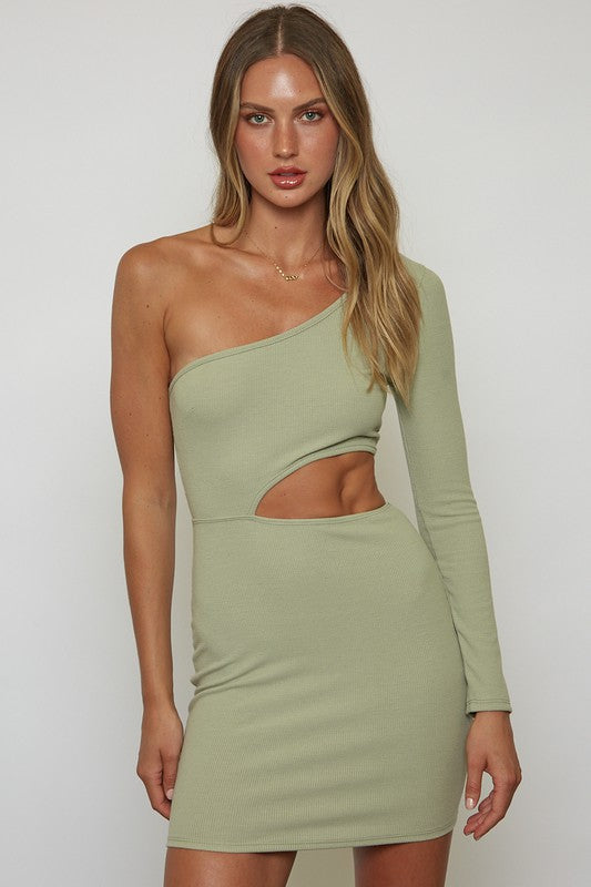 Olive One Shoulder Waist Cut Out Ribbed Mini Dress