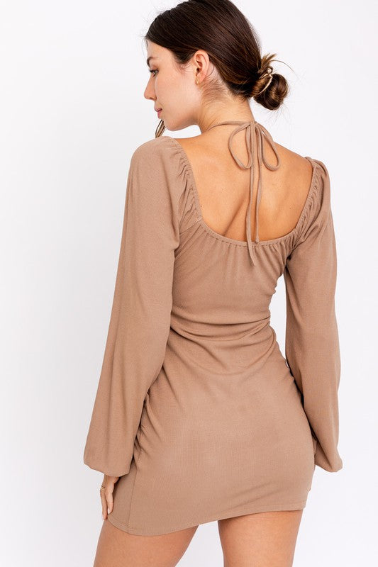 STYLED BY ALX COUTURE MIAIM BOUTIQUE WOMENS DRESS MOCHA Mocha Halter Strap Long Sleeve Dress