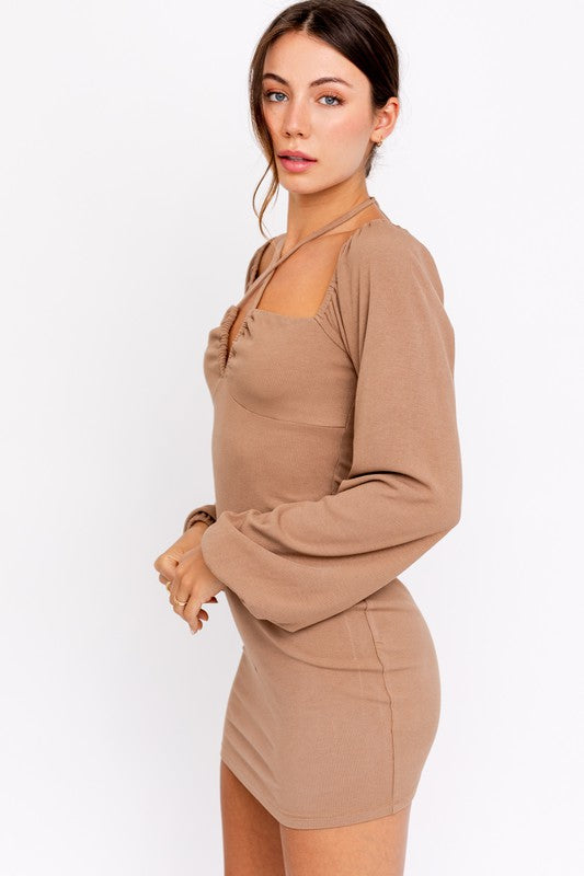 STYLED BY ALX COUTURE MIAIM BOUTIQUE WOMENS DRESS MOCHA Mocha Halter Strap Long Sleeve Dress