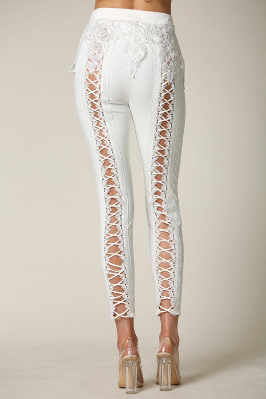White High Waisted Lace Up Pants