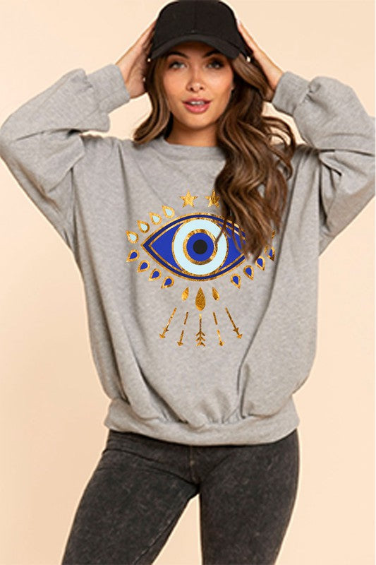 STYLED BY ALX COUTURE MIAMI BOUTIQUE WOMENS TOP GREY Grey Aztec Mix Match Print Sweatshirt