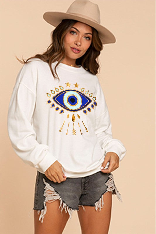 STYLED BY ALX COUTURE MIAMI BOUTIQUE WOMENS TOP WHITE White Aztec Mix Match Print Sweatshirt