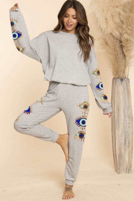 STYLED BY ALX COUTURE MIAMI BOUTIQUE WOMENS SWEATSHIRT GREY  Grey Aztec Mix Match On Sweatshirt
