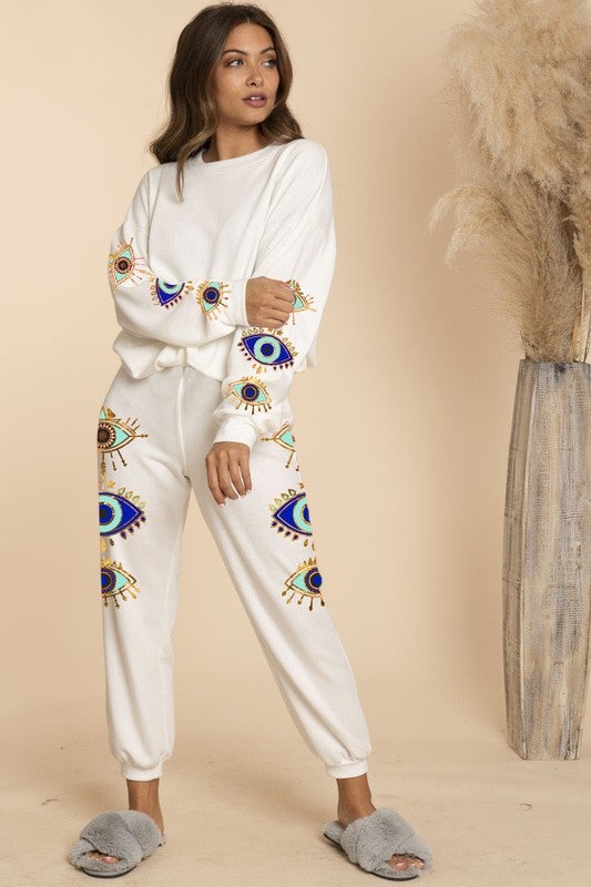 STYLED BY ALX COUTURE MIAMI BOUTIQUE WOMENS SWEATSHIRT WHITE Off White Aztec Mix Match On Sweatshirt 