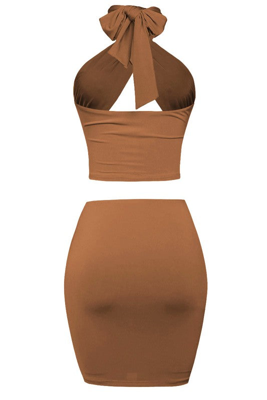 Cognac Asymmetrical Skirt Set