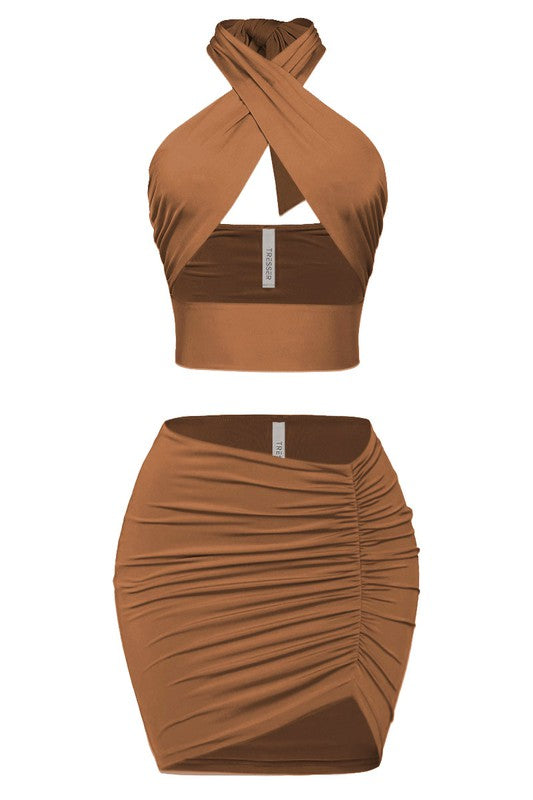 Cognac Asymmetrical Skirt Set