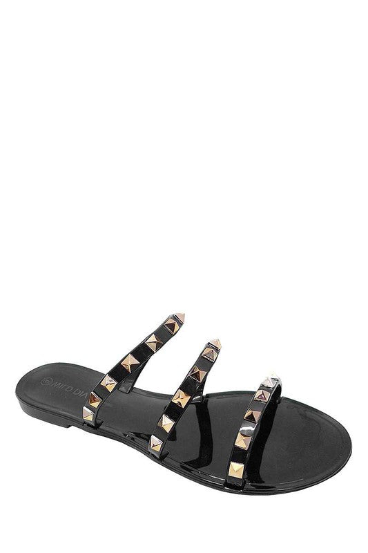 black Gold Studded Three Strap Slide Sandals