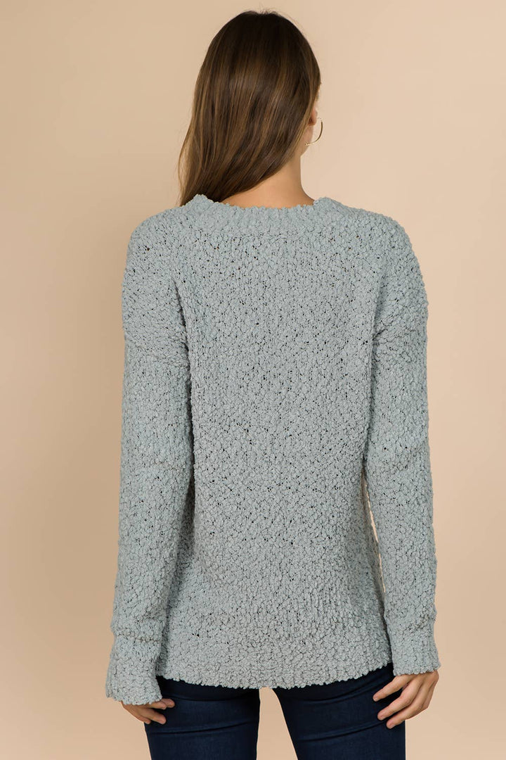 STYLED BY ALX COUTURE MIAMI BOUTIQUE WOMENS TOP BLUE Blue V-neck Long Sleeve Popcorn Sweater