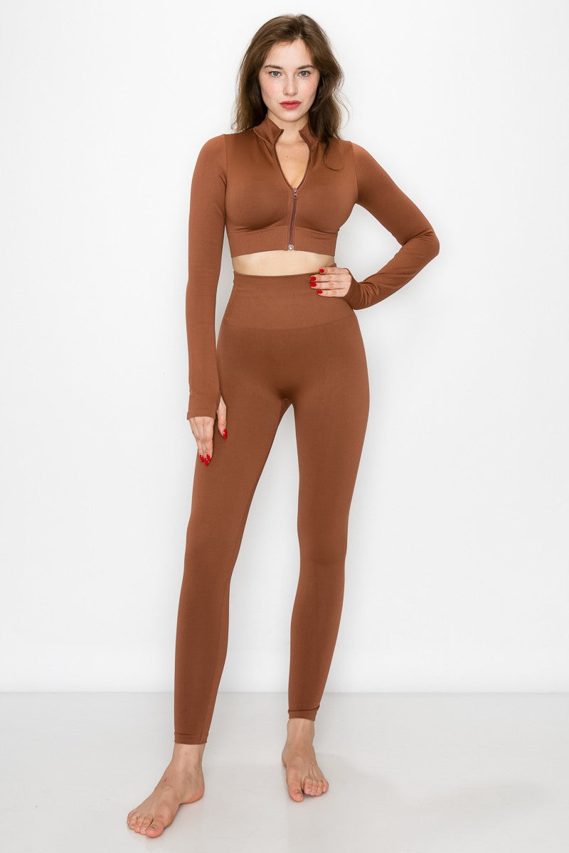 STYLED BY ALX COUTURE MIAMI BOUTIQUE WOMENS ACTIVEWEAR BROWN Brown Long Sleeve Active Set