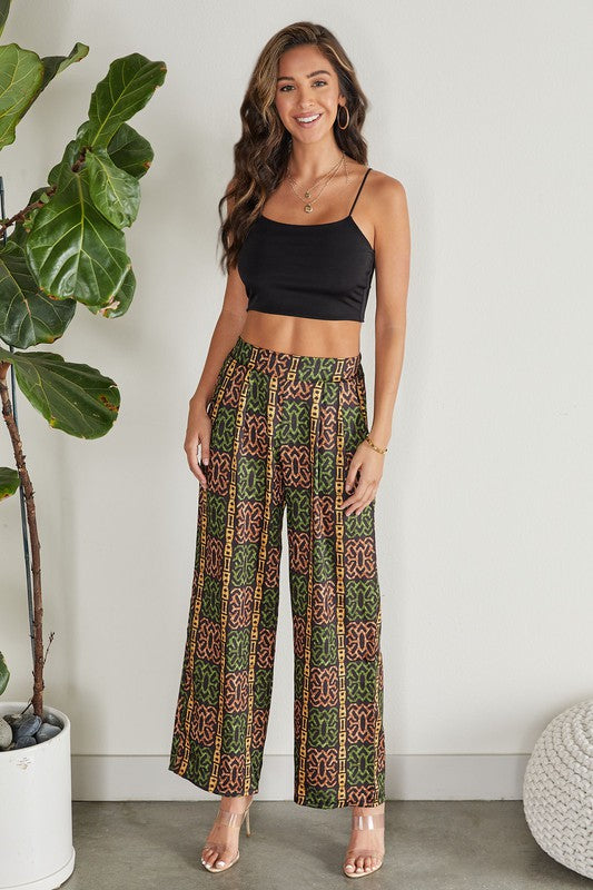 STYLED BY ALX COUTURE MIAMI BOUTIQUE WOMENS PANTS BLACK Black Tribal Print Satin Palazzo Pants