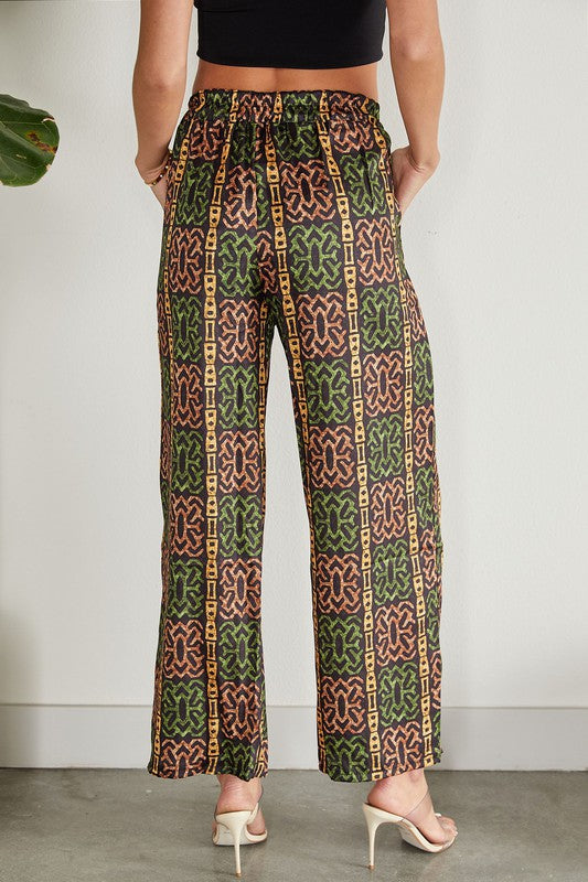 STYLED BY ALX COUTURE MIAMI BOUTIQUE WOMENS PANTS BLACK Black Tribal Print Satin Palazzo Pants