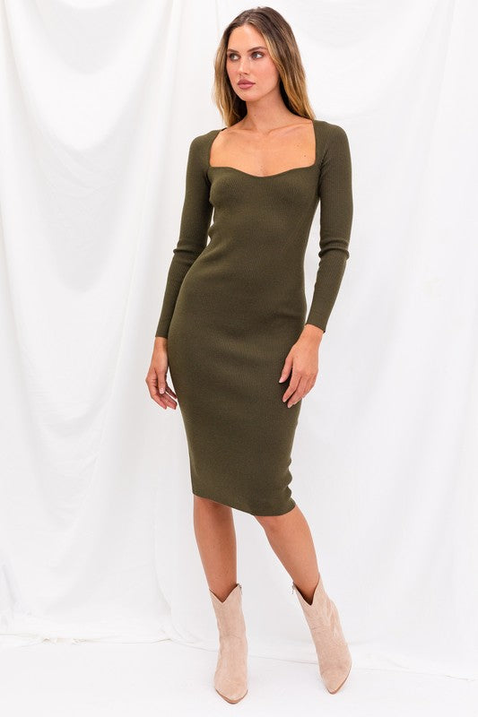 STYLED BY ALX COUTURE MIAMI BOUTIQUE DRESS OLIVE Olive Long Sleeve Sweetheart Midi Dress