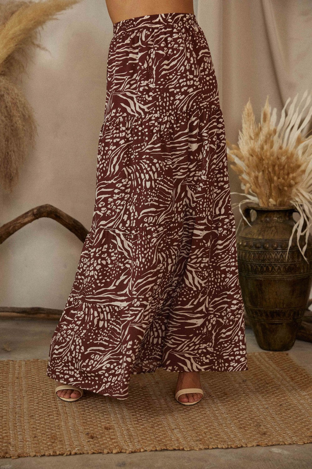 STYLED BY ALX COUTURE MIAMI BOUTIQUE WOMENS SKIRT BROWN Brown Abstract Banding Waist Maxi Skirt