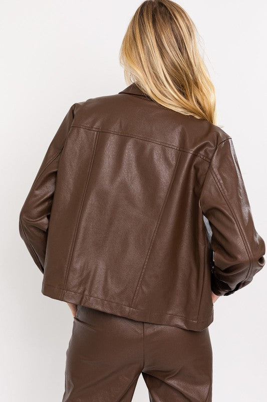 STYLED BY ALX COUTURE MIAMI BOUTIQUE JACKET BROWN Brown Faux Leather Jacket