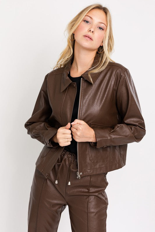 STYLED BY ALX COUTURE MIAMI BOUTIQUE JACKET BROWN Brown Faux Leather Jacket