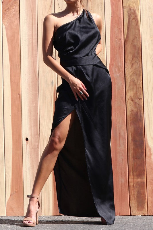 STYLED BY ALX COUTURE MIAMI BOUTIQUE WOMENS DRESS BLACK Black One Shoulder Satin Dress