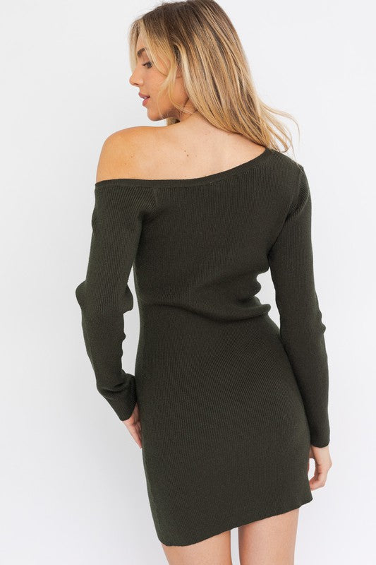 STYLED BY ALX COUTURE MIAMI BOUTIQUE DRESS Olive One Shoulder Long Sleeve Dress