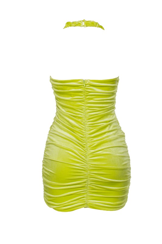 Lime Ruched Bodycon Velvet Dress