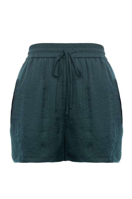 STYLED BY ALX Couture MIAMI BOUTIQUE Hunter Green Elastic Waist Satin Shorts