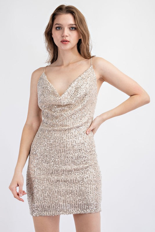 STYLED BY ALX COUTURE MIAMI BOUTIQUE WOMENS DRESS CHAMPAGNE Champagne Sequin Cowl Neck Mini Dress