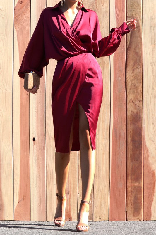 STYLED BY COUTURE MIAMI BOUTIQUE WOMENS DRESS BURGUNDY  Burgundy Satin Loose Fit Shirt Dress