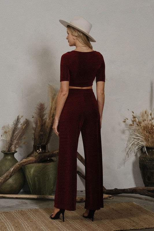 STYLED BY ALX COUTURE MIAMI BOUTIQUE WOMENS PANTS BURGUNDY Burgundy Slinky Wide Pants